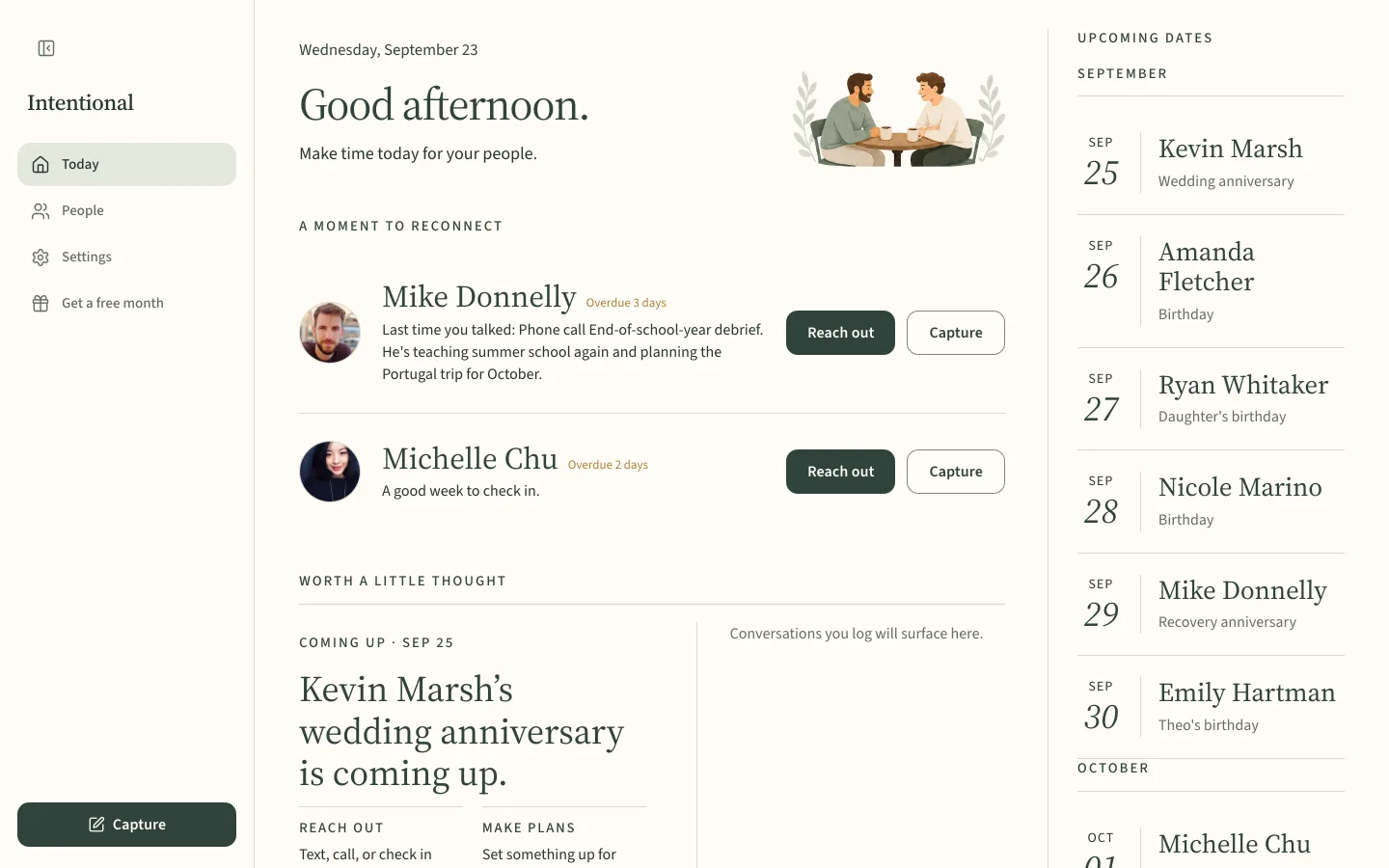 The Intentional desktop home screen: people to reach out to and upcoming birthdays